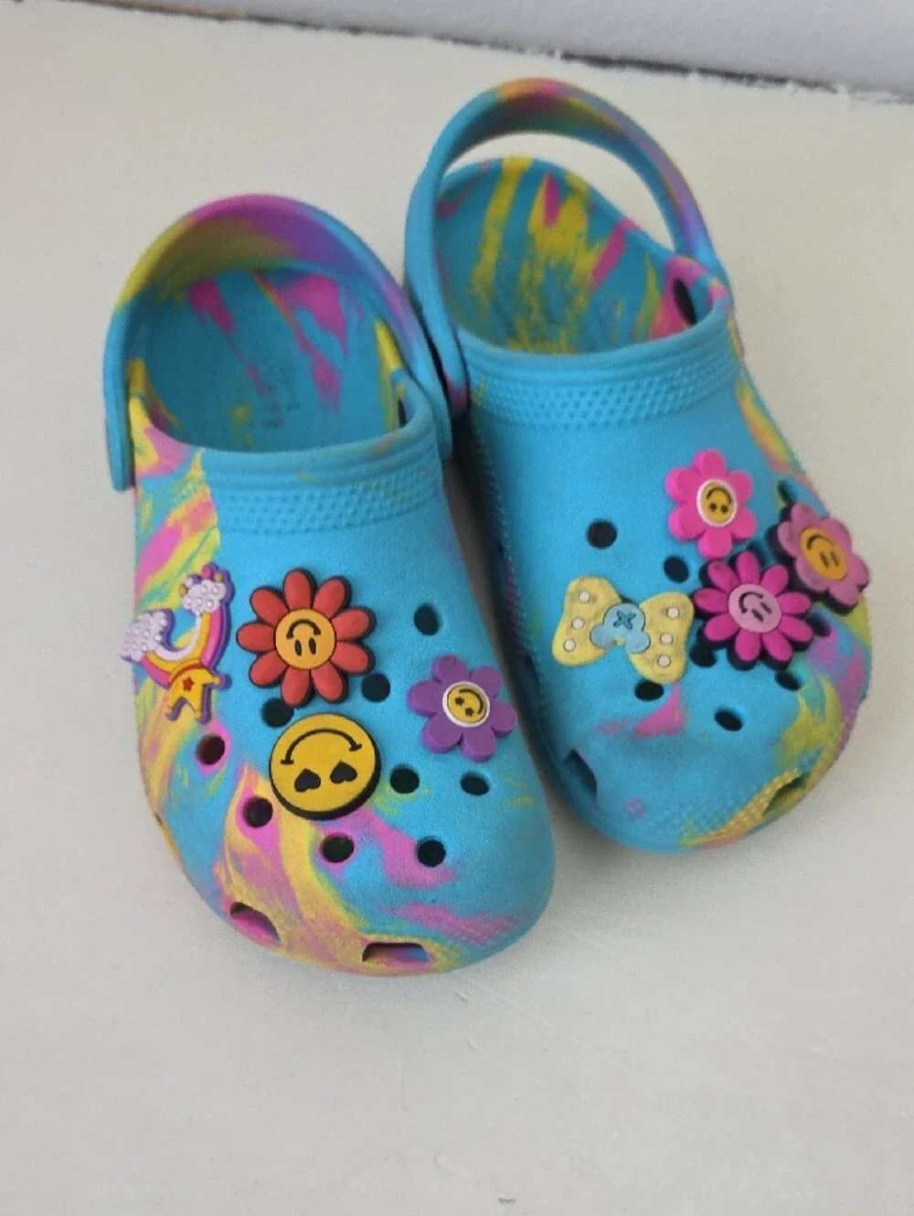 Kids Blue Tie-Dye Crocs Sandals with Smiley Flower Charms